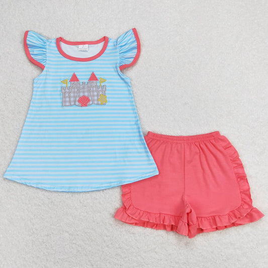 Baby Girls Clothes Blue Stripes Castle Tunic Top Ruffle Shorts Clothes Sets GSSO0875