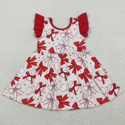 Baby Girls Dress Flutter Sleeve Baseballs Bows Team Knee Length Dresses GSD3456