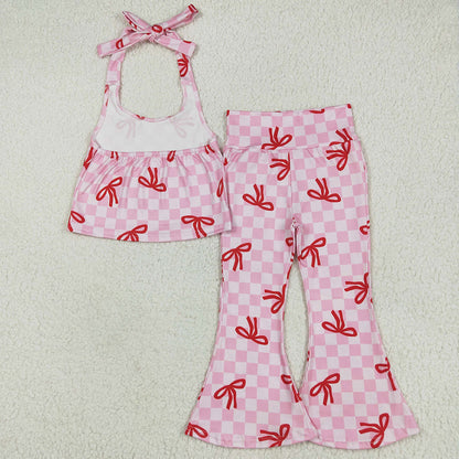 Baby Girls Clothes Strap Pink Plaid Vest Halter Top Bell Bottom Pant Sets GSPO2030 6.6