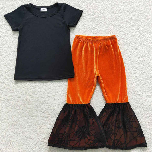 Halloween Kids Girls Clothes Short Sleeve Top Velvet Bell Pants Sets GSPO0772