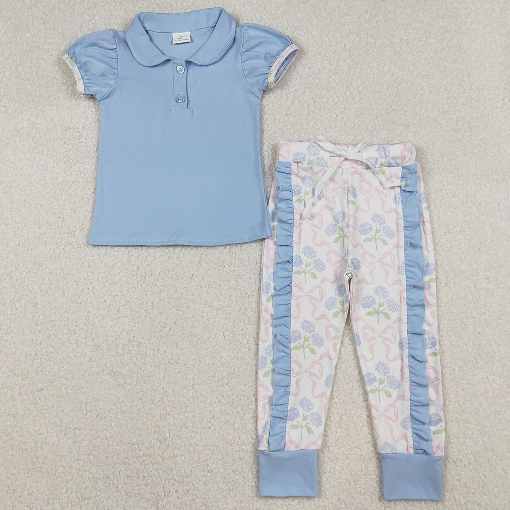 Baby Girls Clothes Blue Button Shirts Top Floral Ruffle Leggings Clothes Sets GSPO2069 10.4