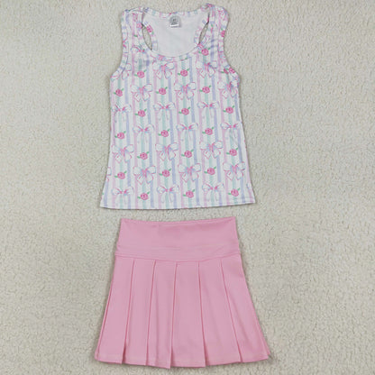 Baby Girls Clothes Pink Sleeveless Flowers Bows Top Pleated Skirts Yoga Sets GSD2457 7.19
