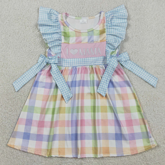 Baby Girls Dress Embroidery I Love Mama Colorful Checked Knee Length Dress GSD2940