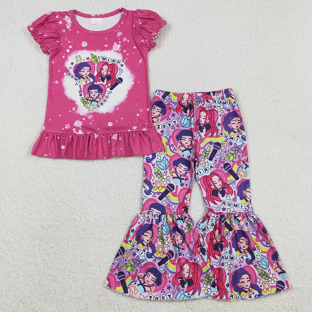 Baby Girls Clothes Hot Pink Demon Hunter Ruffle Top Bell Bottom Pants Clothes Sets GSPO2128 11.17