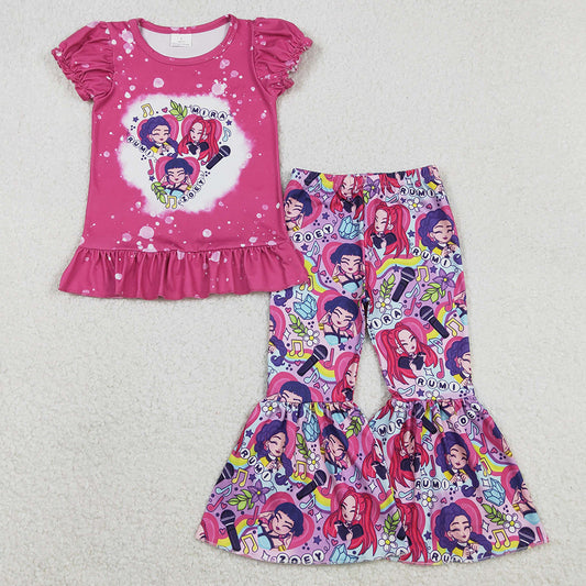 Baby Girls Clothes Hot Pink Demon Hunter Ruffle Top Bell Bottom Pants Clothes Sets GSPO2128 11.17