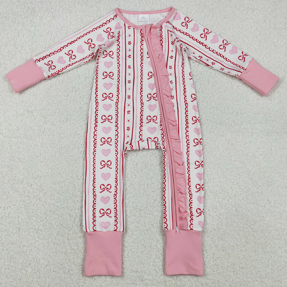 Baby Girls Clothes Pink Bows Hearst Stripe Valentines Ruffle Zip Rompers LR2781 11.18