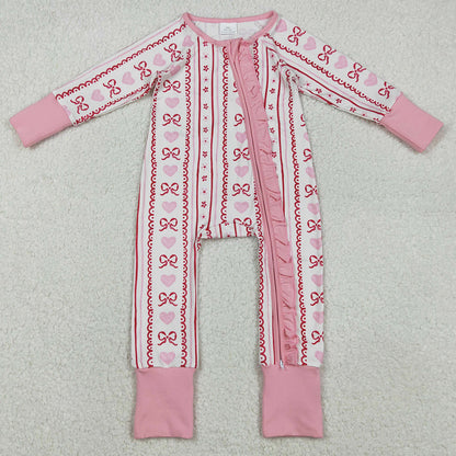 Baby Girls Clothes Pink Bows Hearst Stripe Valentines Ruffle Zip Rompers LR2781 11.18