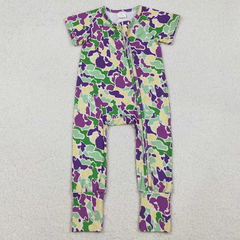 Baby Boys Rompers Mardi Gras Camo Short Sleeve Zipper Footie Rompers SR3211 10.20