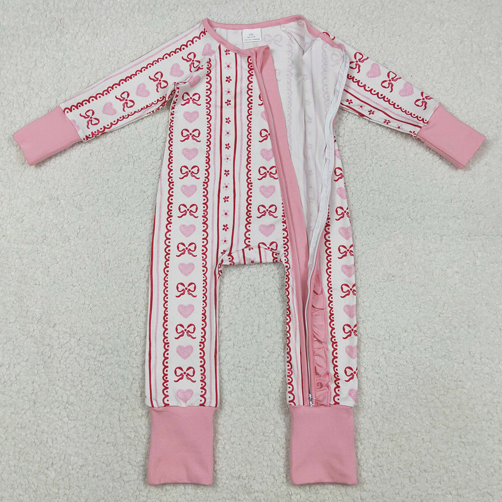 Baby Girls Clothes Pink Bows Hearst Stripe Valentines Ruffle Zip Rompers LR2781 11.18