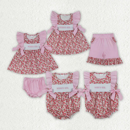 Sibling Embroidery Mama's Girl Flowers Tunic Ruffle Bummies Short Clothes Set Rompers