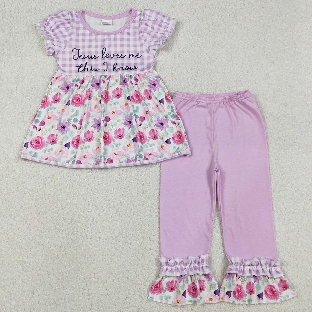 Baby Girls Clothes Lavender Checked Jesus Love Me Flowers Tunic Ruffle Pants Clothes Sets GSPO2129 12.3