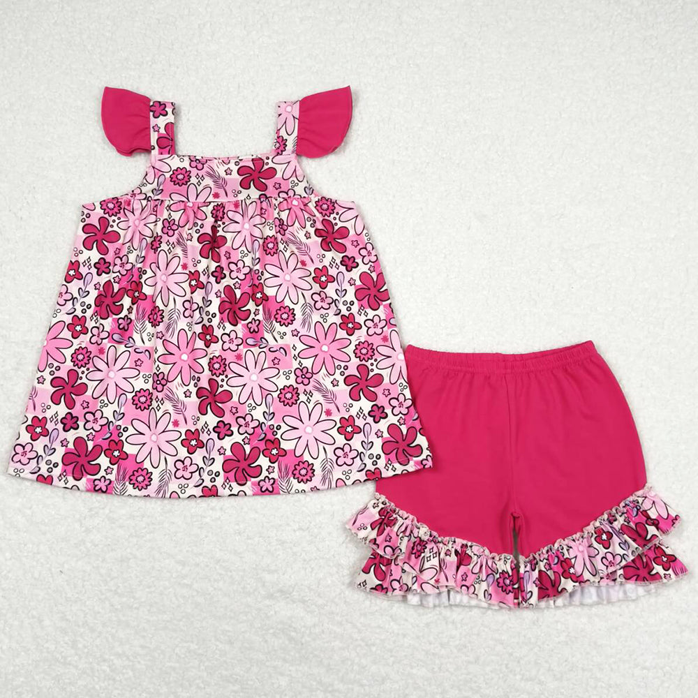 Baby Girls Clothes Pink Flowers Flutter Sleeve Tunic Ruffle Shorts Sets GSSO1005