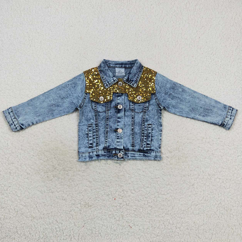 Boutique Baby Girls Jeans Gold Sequin Denim Buttons Jackets GT0351