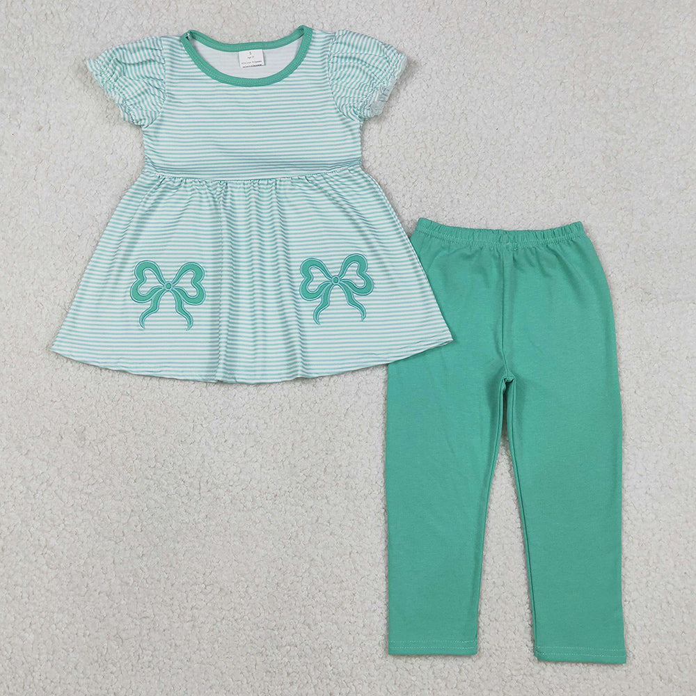 Baby Girls Clothes Embroidery Bows Aqua Stripe Tunic Leggings Pant Clothes Sets GSPO2151 12.3