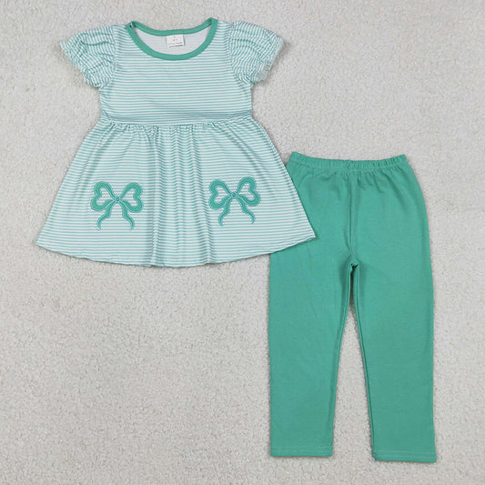 Baby Girls Clothes Embroidery Bows Aqua Stripe Tunic Leggings Pant Clothes Sets GSPO2151 12.3