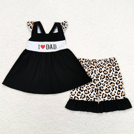 Baby Girls Clothes Black I Love Dad Tunic Top Leopard Ruffle Shorts Sets GSSO0702