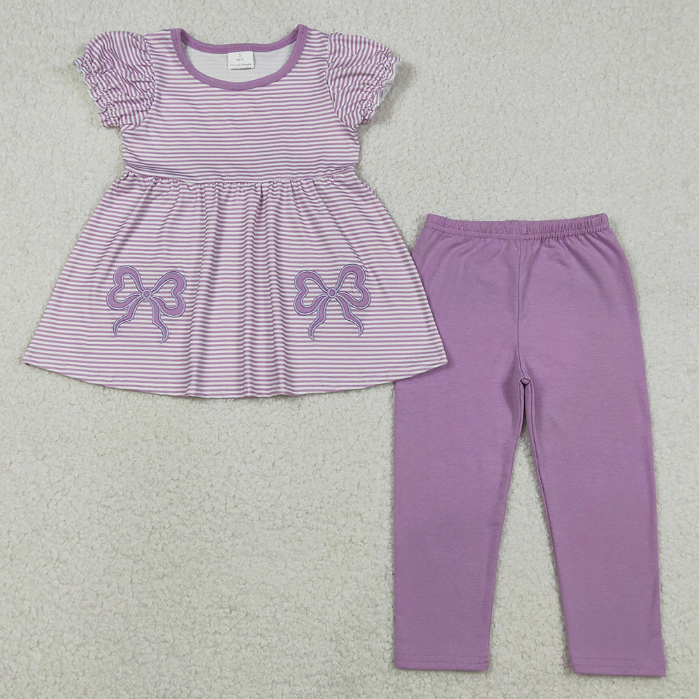 Baby Girls Embroidery Bows Lavender Stripe Tunic Leggings Pant Clothes Sets GSPO2153 12.9