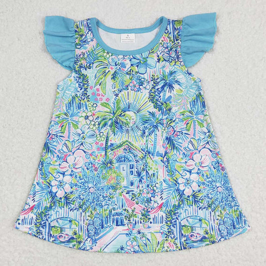 Baby Girls Tops Shirts Blue Pink Flowers Flutter Sleeve Tunic Tops GT0562