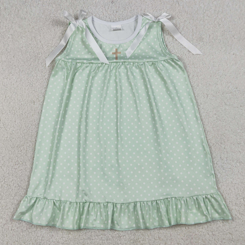 Baby Girls Dress Green Polka Dots Cross Easter Ruffle Knee Length Dresses GSD2860