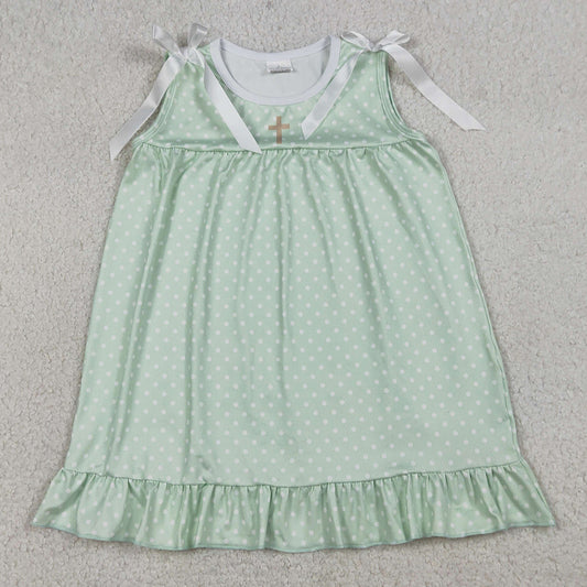 Baby Girls Dress Green Polka Dots Cross Easter Ruffle Knee Length Dresses GSD2860