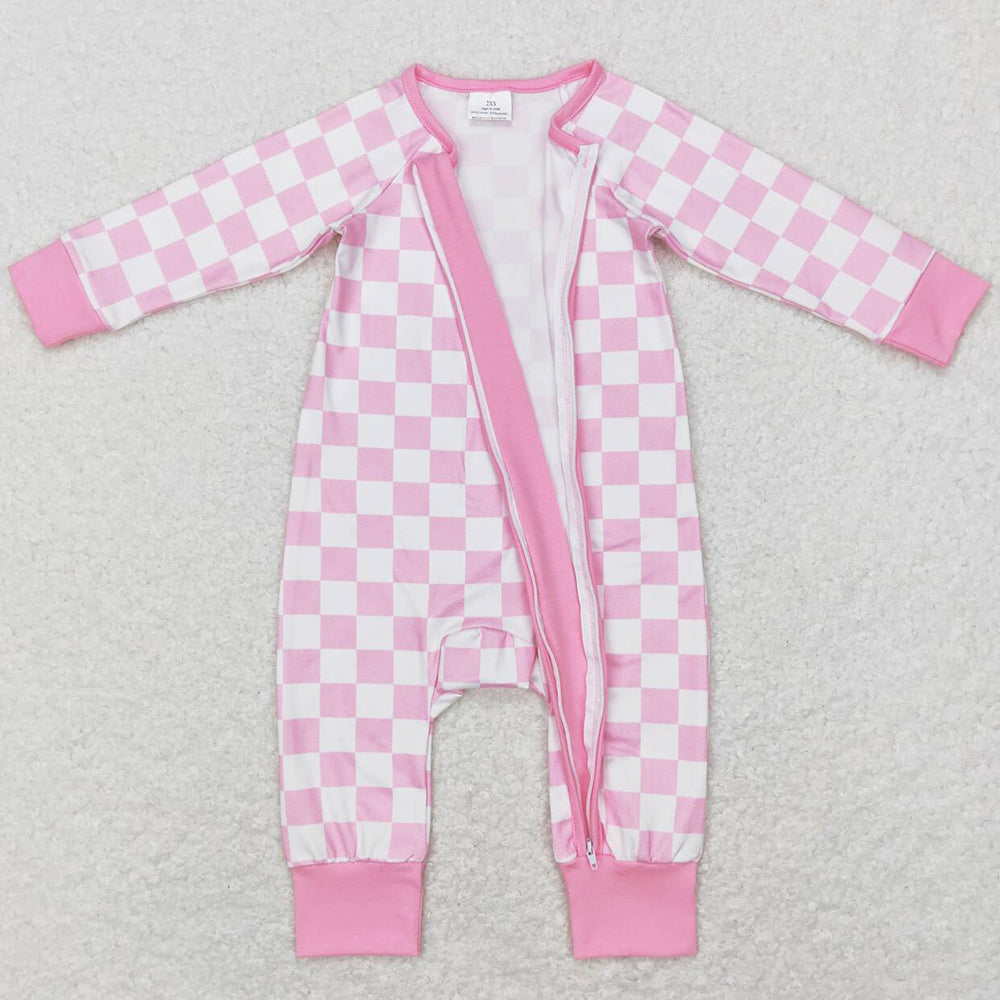 Baby Infant Girls Rompers Pink Checkered Long Sleeve Zip Sleepers Rompers LR0810