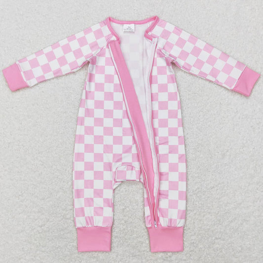 Baby Infant Girls Rompers Pink Checkered Long Sleeve Zip Sleepers Rompers LR0810