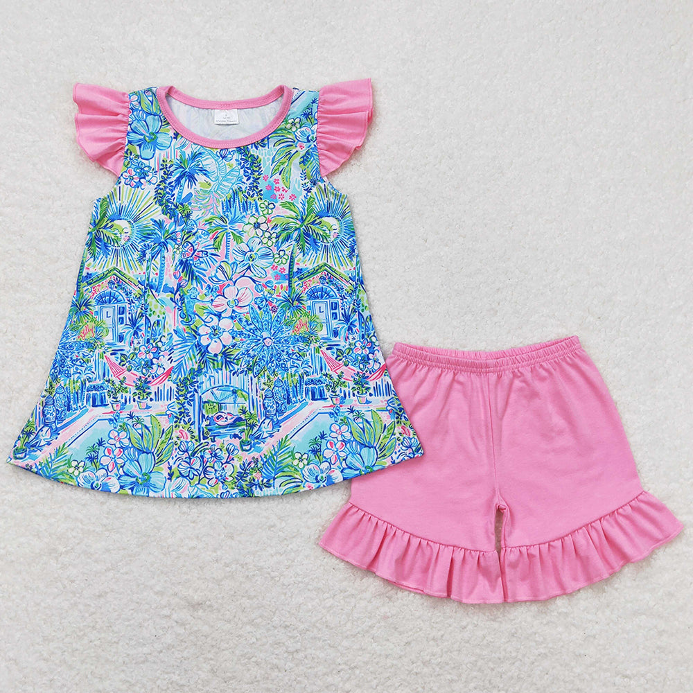 Baby Girls Clothes Blue Flowers Tunic Ruffle Shorts Sets GSSO1085