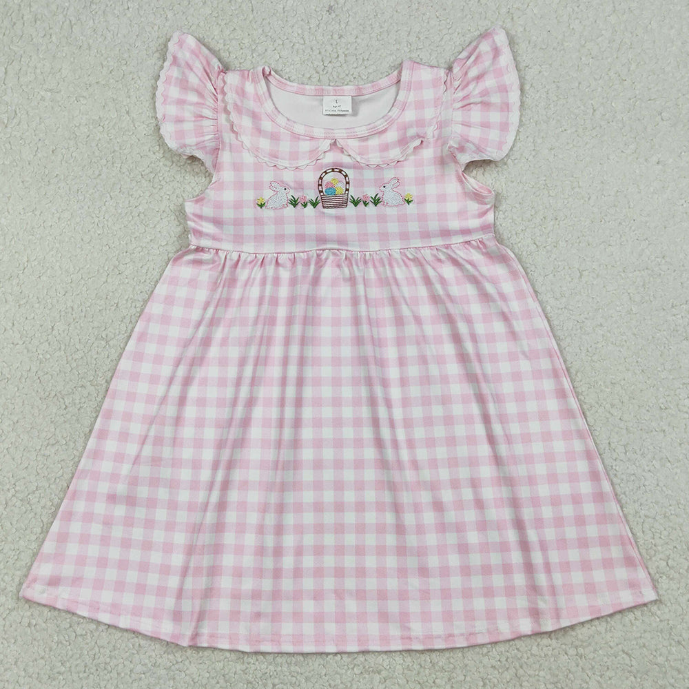 Baby Girls Dress Embroidery Rabbits Eggs Pink Checked Easter Knee Length Dresses GSD2913