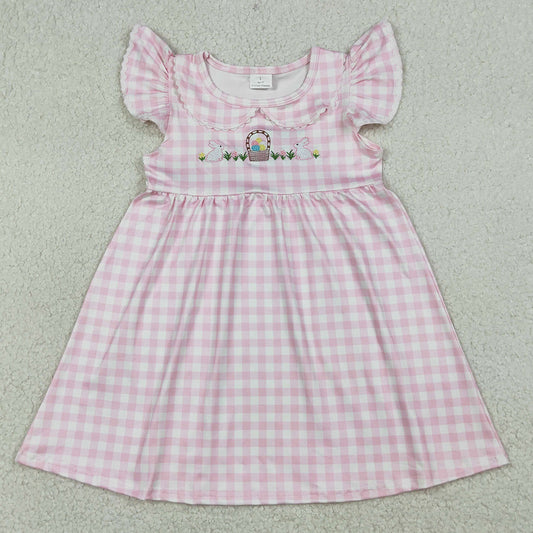 Baby Girls Dress Embroidery Rabbits Eggs Pink Checked Easter Knee Length Dresses GSD2913