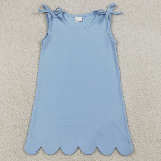 Baby Girls Dress Bows Sleeveless Light Blue Scallop Knee Length Dresses GSD3705