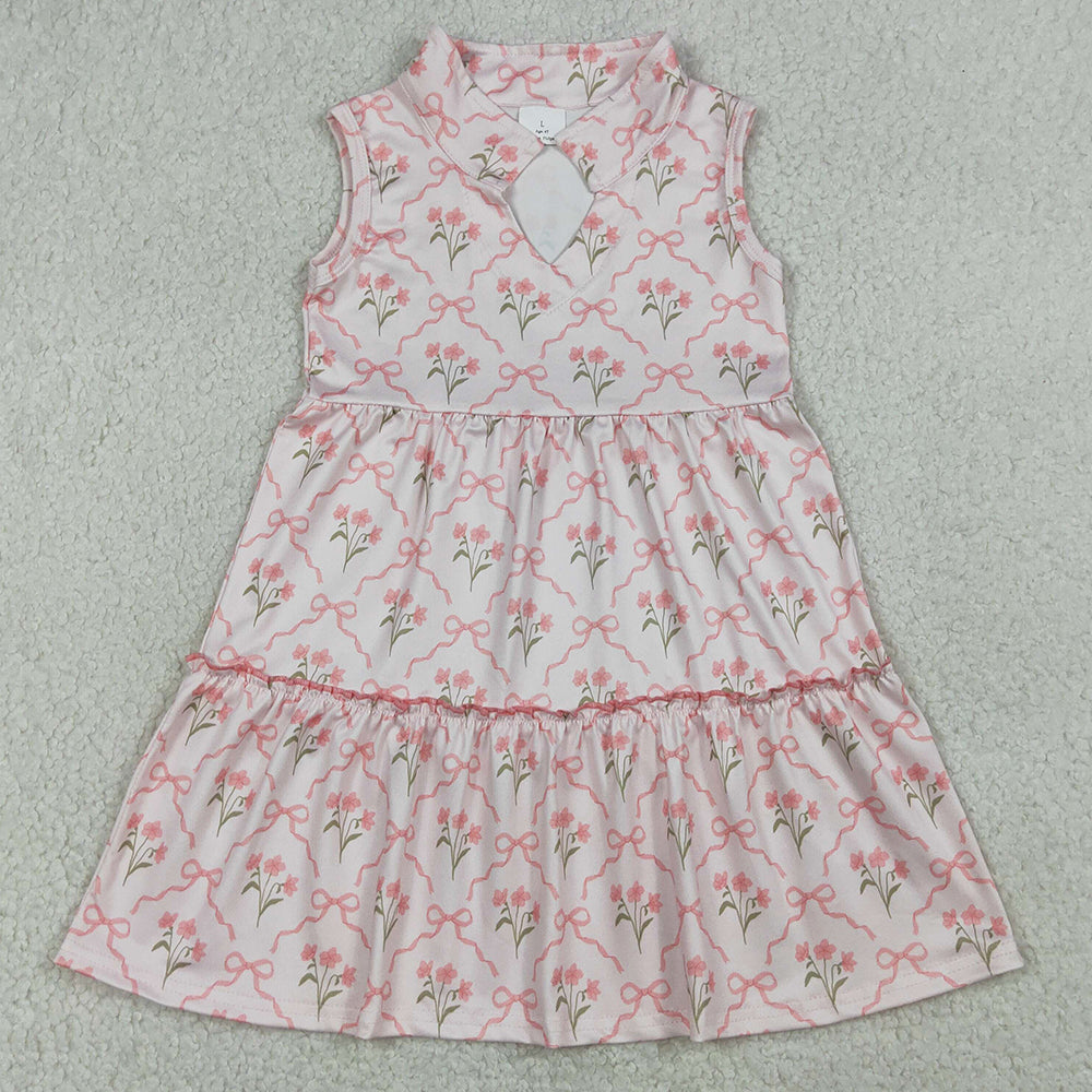 Baby Girls Dress Sleeveless Pink Bow Flowers Checked Patchwork Knee Length Dress GSD3678