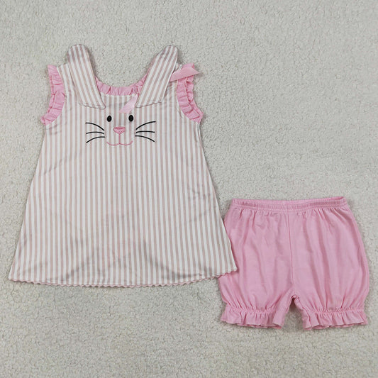Baby Girls Clothes Embroidery Rabbits Back Bows Stripe Tunic Ruffle Shorts Easter Sets GSSO2924
