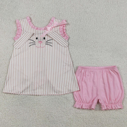 Baby Girls Clothes Embroidery Rabbits Back Bows Stripe Tunic Ruffle Shorts Easter Sets GSSO2924