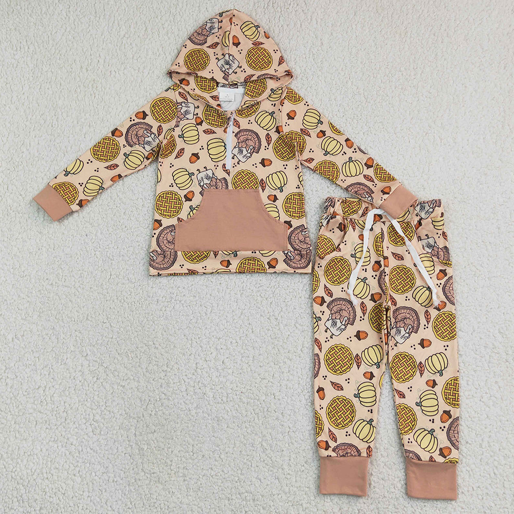 Baby Boys Clothes Pumpkins Turkey Zip Pickets Hoodie Joggers Thanksgivings Clothes Set BLP1504