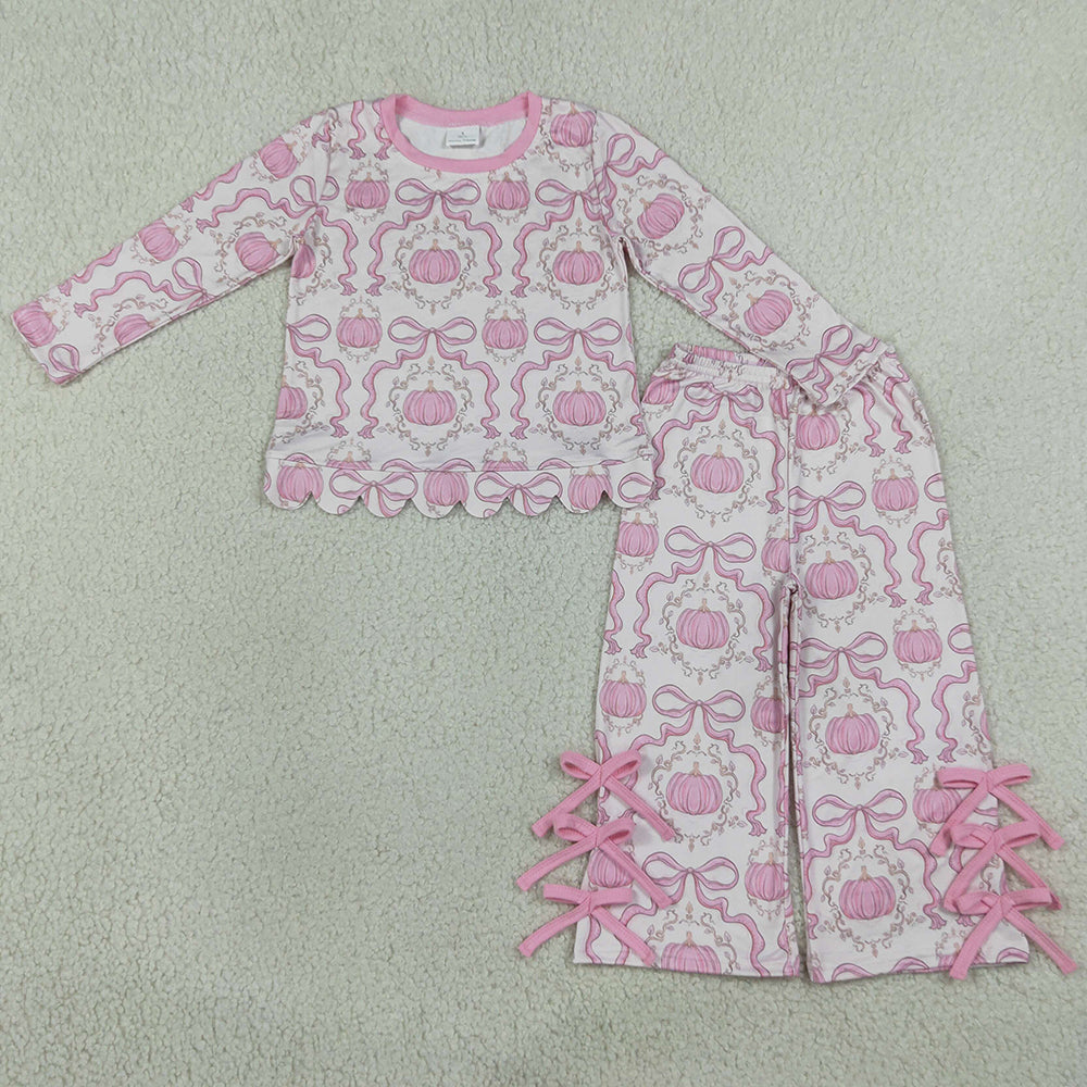 Baby Girls Clothes Bows Pumpkins Checked Scallop Top Bows Pants Fall Clothes Set GLP3437