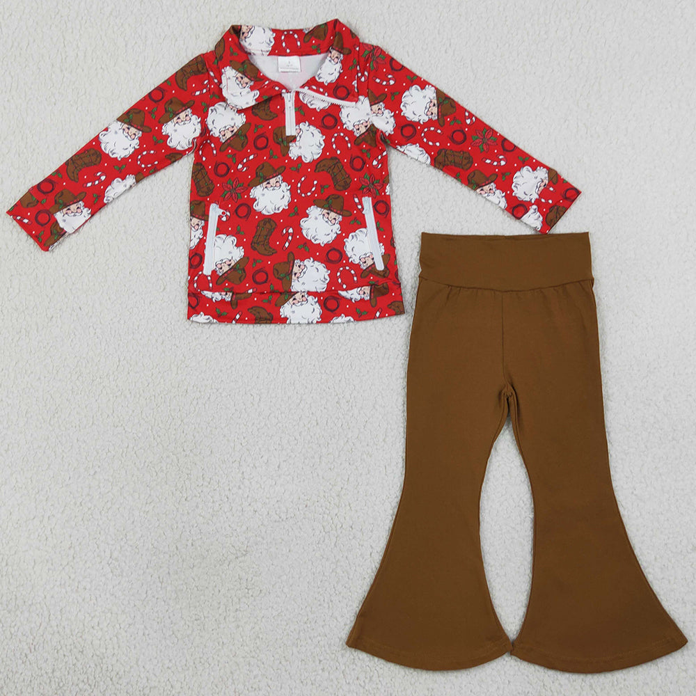 Baby Girls Clothes Holly Santa Zip Pockets Pullovers Bell Bottom Pant Christmas Clothes Set GLP3509