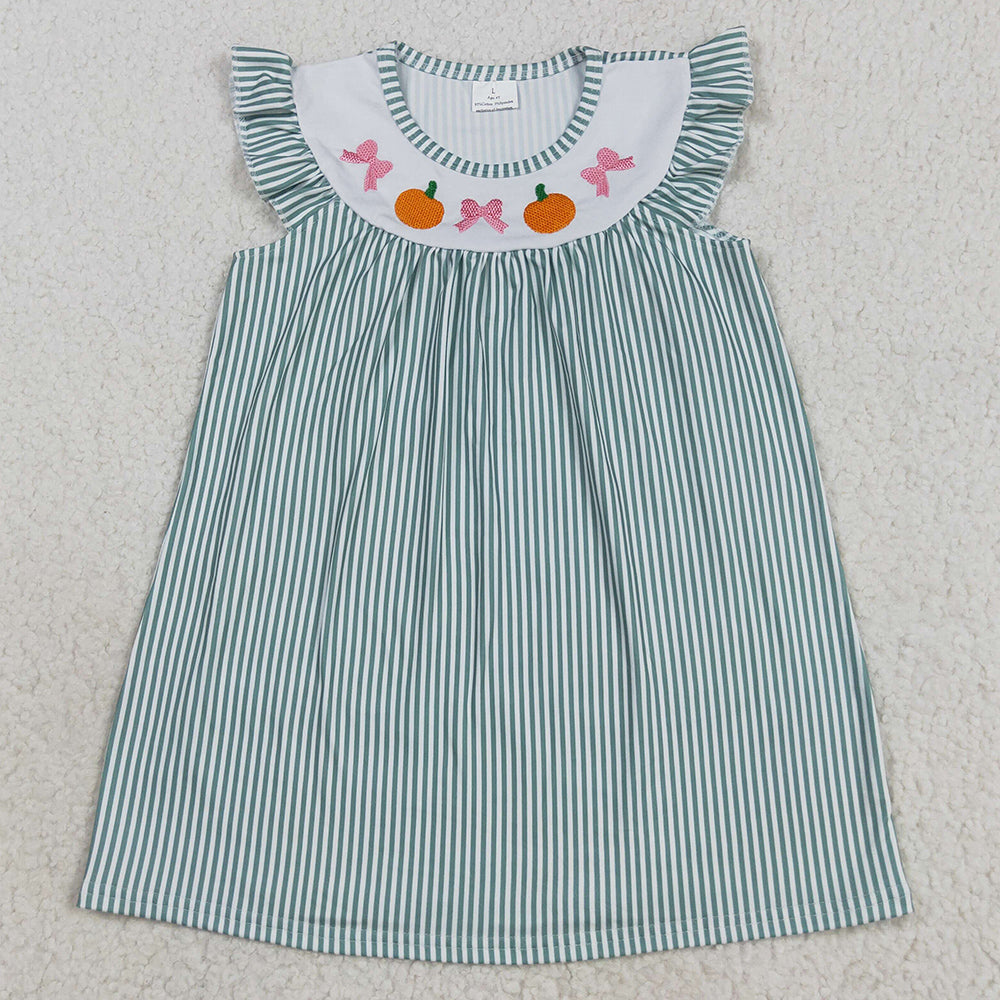 Baby Girls Dress Green Stripe Bows Pumpkins Embroidery Fall Knee Length Dresses GSD2746 8.9