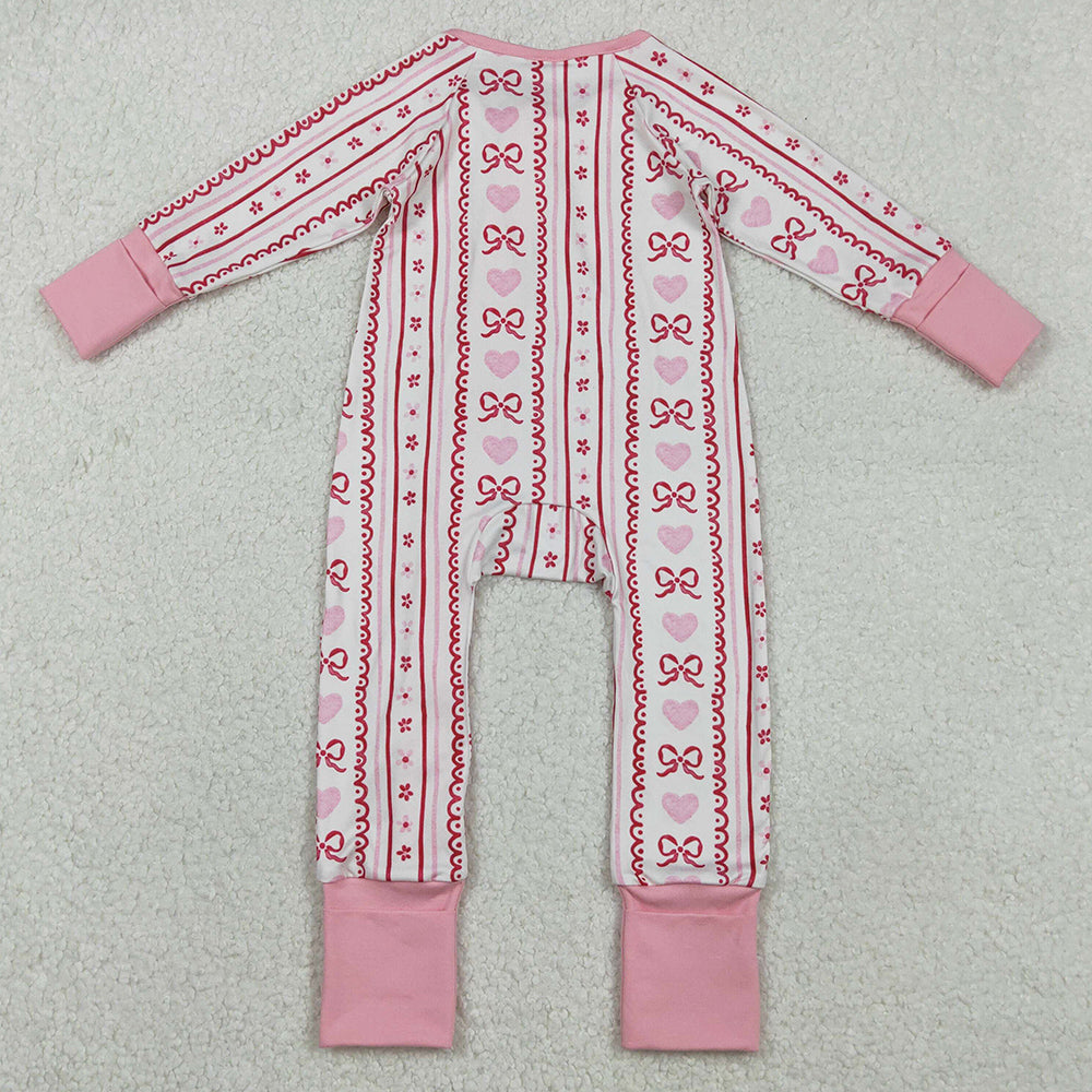 Baby Girls Clothes Pink Bows Hearst Stripe Valentines Ruffle Zip Rompers LR2781 11.18