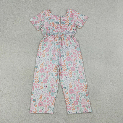 Baby Girls Jumpsuits Short Sleeve Pink Flowers Pockets Pant Jumpsuits SR3987