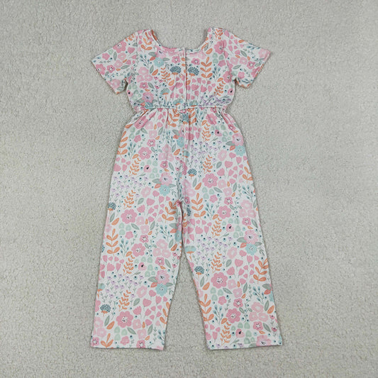 Baby Girls Jumpsuits Short Sleeve Pink Flowers Pockets Pant Jumpsuits SR3987