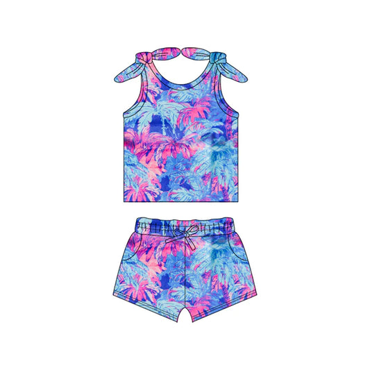 Preorder (moq 5)Baby Girls Blue Bows Strap Watercolor Floral Top Pockets Short Set 5.15