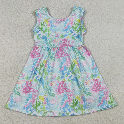 Baby Girls Dress Sleeveless Sea Plants Floral Knee Length Dresses GSD3665