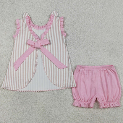 Baby Girls Clothes Embroidery Rabbits Back Bows Stripe Tunic Ruffle Shorts Easter Sets GSSO2924