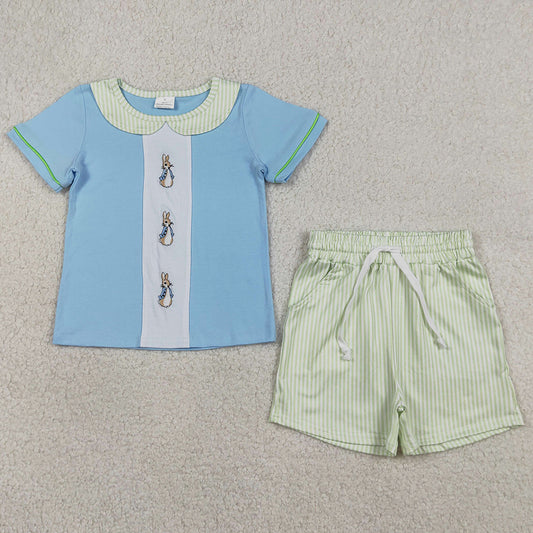 Baby Boys Clothes Embroidery Rabbits Collar Top Stripe Pockets Shorts Easter Clothes Sets BSSO1564