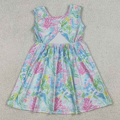 Baby Girls Dress Sleeveless Sea Plants Floral Knee Length Dresses GSD3665