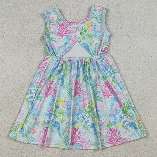 Baby Girls Dress Sleeveless Sea Plants Floral Knee Length Dresses GSD3665