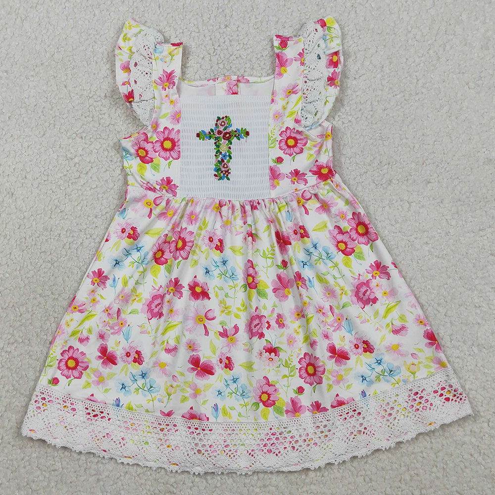 Baby Girls Dress Smocked Floral Cross Easter Lace Ruffle Knee Length Dresses GSD3313
