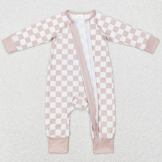 Baby Infant Girls Rompers Khaki Checkered Long Sleeve Zip Rompers LR0809