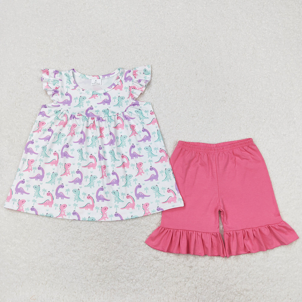 Baby Girls Clothes Dinosaurs Tunic Tops Ruffle Pink Shorts Sets GSSO0787