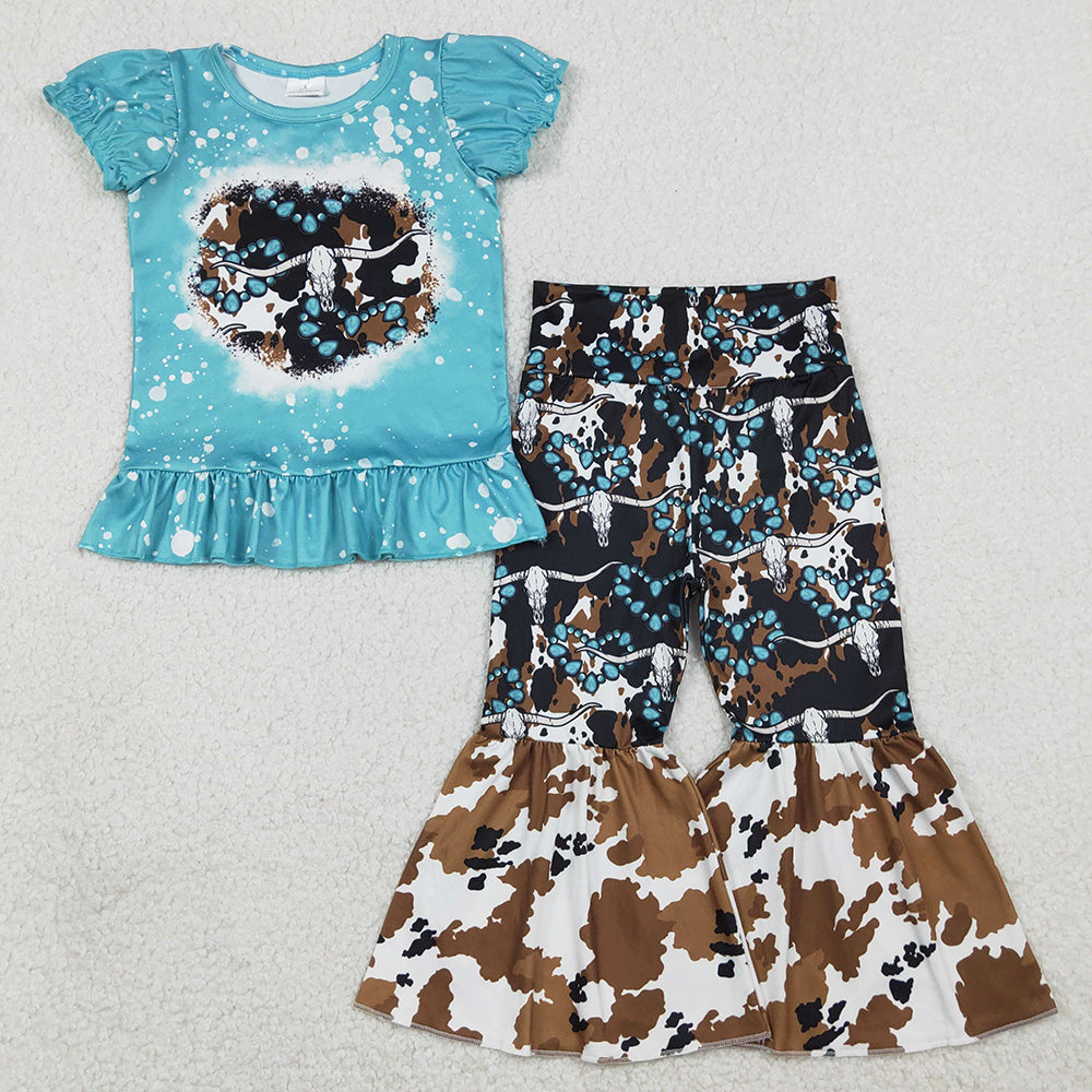 Baby Girls Clothes Bull Skulls Turquoises Top Bell Bottom Pants Western Clothes Sets GSPO2116 1.12